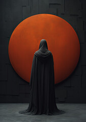 a woman in cape standing in front of an oval