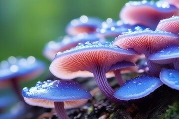 Fungus Fungi on Tree bark Stomp, closeup macro shot with bokah, bokeh, slime drops poison sticky substance alien surface calm, beautiful, White Orange baby blue, green mossy net