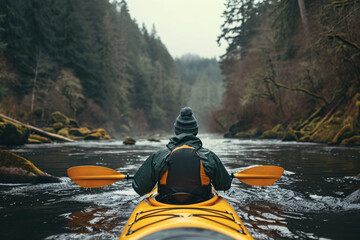 A man kayaking down a river, serene atmosphere, beautiful nature