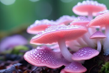 Fungus Fungi on Tree bark Stomp, closeup macro shot with bokah, bokeh, slime drops poison sticky substance alien surface calm, beautiful, White Orange baby blue, green mossy net