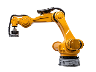 a yellow robotic arm with black and silver parts