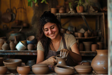 A happy woman making pottery