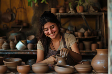 A happy woman making pottery 