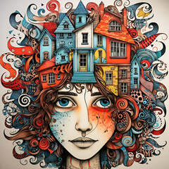city on girls head abstract ilustration