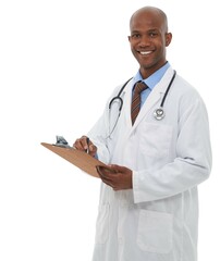 Black man, portrait or doctor writing on clipboard in studio, planning notes or healthcare information on white background. Happy medical worker, paperwork or insurance documents, checklist or script