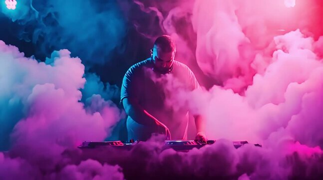 A DJ mixing with colorful smoke (mov) made with Ai generative technology, person is fictional