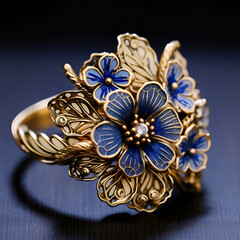 golden ring with flowers pattern on blue background