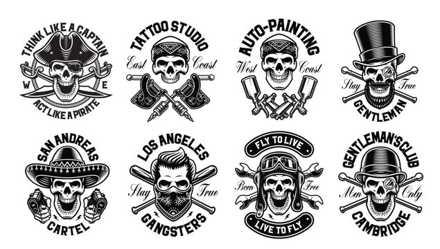 A set of black and white vector skulls