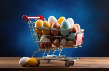 Easter concept. Grocery cart with colorful Easter eggs on a blue background. A basket full of eggs. Close-up. Layout.