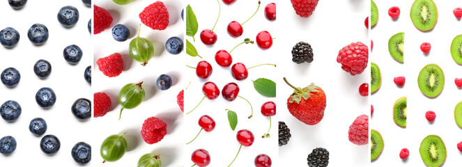 Collage of different ripe berries and fruits isolated on white, top view
