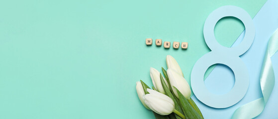 Figure 8, word MARCH and bouquet of tulips on turquoise background with space for text....