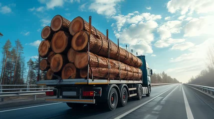 Foto op Aluminium back view of long heavy industrial wood carrier cargo vessel truck trailer with big timber pine, spruce, cedar driving on highway road with blue sky background. Timber export and shipping concept © Zahid