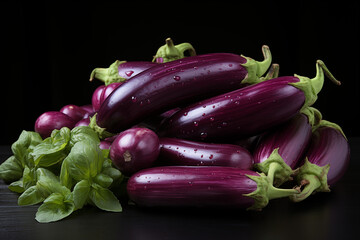 Aubergine auf schwarzem Hintergrund, Aubergine als frisches Gemüse