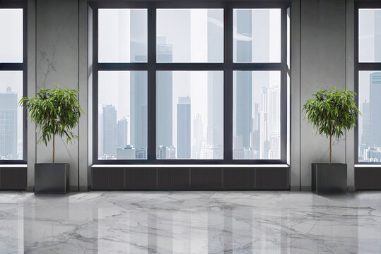 Contemporary empty interior with marble walls and big window. 3d render, mock up for furniture placement