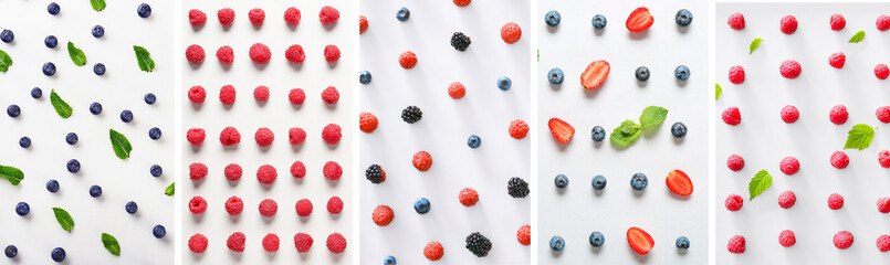 Collage of different ripe berries on white background. Patterns for design