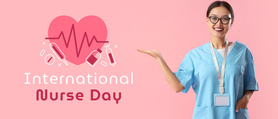 Banner for International Nurse Day with Female medical worker on pink background