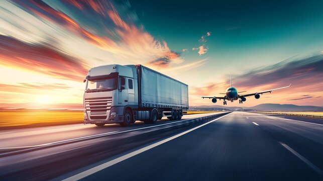 Logistics import export and cargo transportation industry concept of Container Truck run on highway road at sunset blue sky background with copy space, cargo airplane, moving by motion blur effect