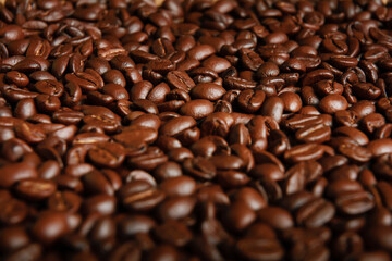 Roasted coffee beans texture, close-up