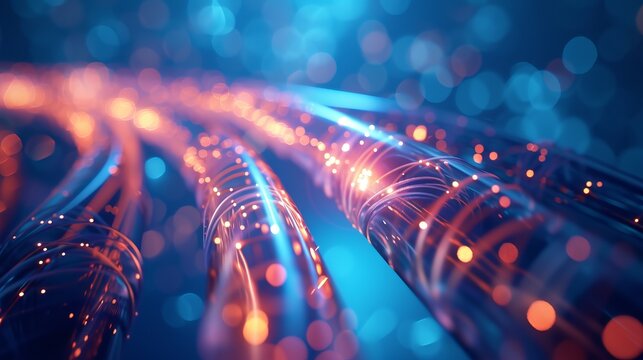 Network cables and optical fibers with lights in the ends. Blue background. 