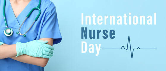 Female medical worker on light blue background. Banner for International Nurse Day