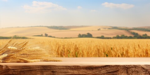 Wooden log on table, wheat field background. Shavuot design mock up.