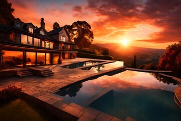Sunset descending on a townhouse on top of a majestically beautiful hill, with the pool in the...
