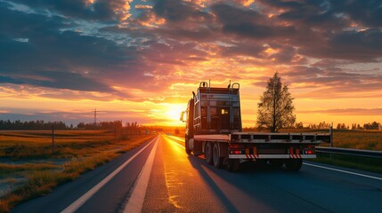 POV heavy industrial truck semi trailer flatbed platform transport two big modern farming tractor machine on common highway road at sunset sunrise sky. Agricultural equipment transportation service - obrazy, fototapety, plakaty