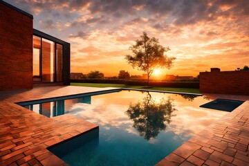 Sunset over a brick-facade townhouse with swimming pool, capturing the warm hues reflecting off the building and the glistening pool surface