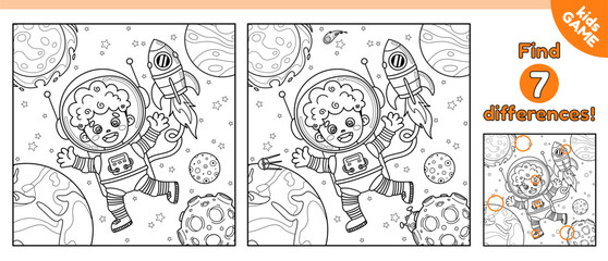 Kids space game Find 7 differences. Outline puzzle for children. Cartoon astronaut boy among planets and stars. Spaceman in cosmos. Baby coloring page. Educational activity book. Vector contour design