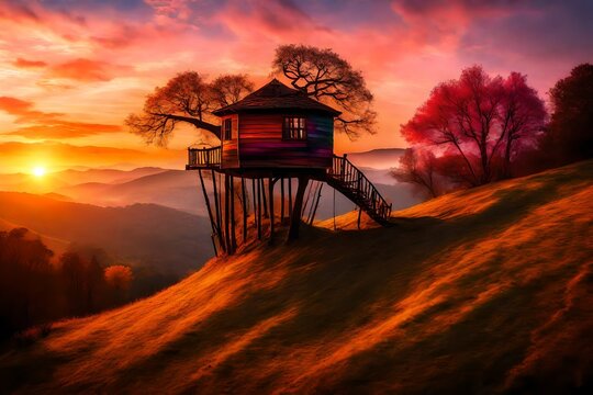 Sunset casting vibrant hues on a tree house on top of a majestically beautiful hill, its silhouette creating a dreamy image against the riot of colors