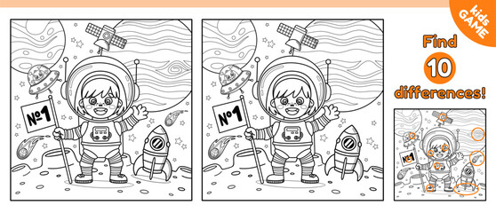 Kids space game Find 10 differences. Outline puzzle for children. Spot the different details. Cartoon astronaut girl on surface of the Moon. Baby coloring page. Activity book. Vector contour design.