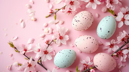 Fototapeta na wymiar Beautiful Easter background with decorated pink and blue eggs and blooming cherry branches on pink background with copy space, symbol of happy Easter