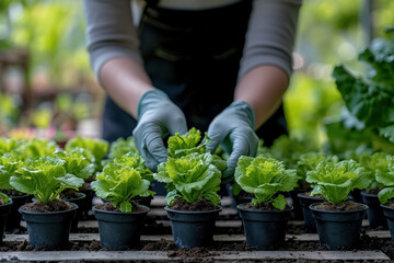 Person takes care of lettuce seedlings in pots in greenhouse, healthy vegetarian organic food