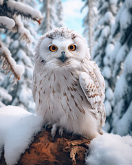 Fototapeta premium Portrait bird of prey, white snowy owl, sitting full body on tree branch in forest cowered snow and looking at camera