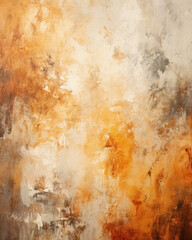 Abstract background with textured vibrant gradient beige and soft pastel yellow hues with distressed paint splatters and strokes on canvas, weathered surface with effect of rust