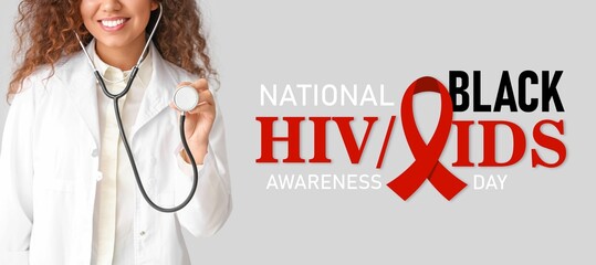 Awareness banner for National Black / HIV AIDS Awareness Day with female African-American doctor