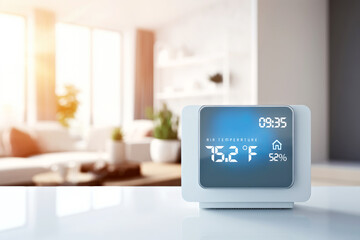 Smart Digital electronic hygrometer, indoor thermometer displays temperature and humidity on a sunny indoor table. Concept of modern home technology for everyday comfort living