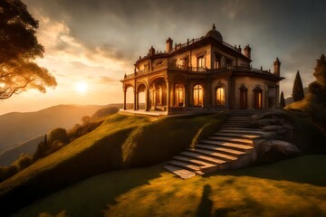 Fototapeta premium The first rays of sunrise casting a golden embrace upon a villa on top of a majestically beautiful hill, illuminating its intricate architectural details.