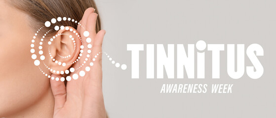 Banner for Tinnitus Awareness Week with young woman having hearing disorder - obrazy, fototapety, plakaty