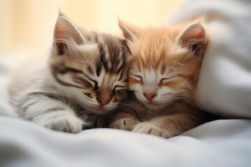 Two small kittens sleeping together on the white bed