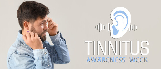 Banner for Tinnitus Awareness Week with young man having hearing disorder