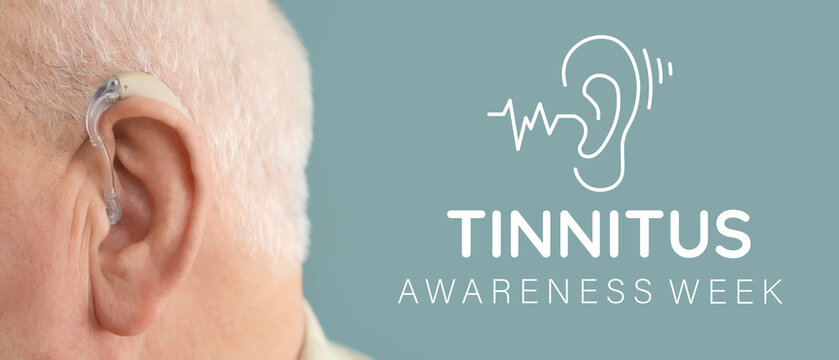 Banner for Tinnitus Awareness Week with senior man with hearing aid - Powered by Adobe