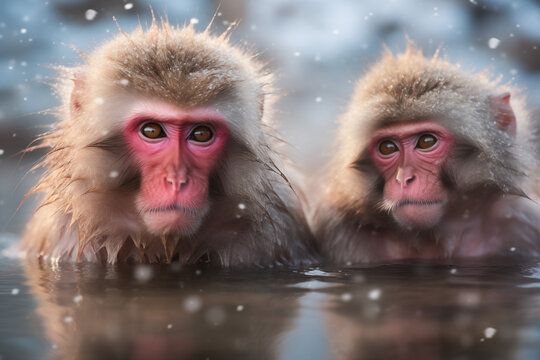 Affen sitzen bei Schnee und Eis in einer heißen Quelle, Japanische Schneeaffen im heißen See