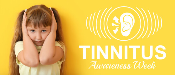 Banner for Tinnitus Awareness Week with little girl having hearing disorder