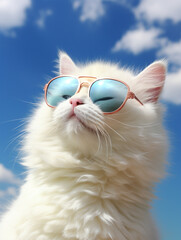Naklejka premium cute, funny, happy, adorable cat, kitty on the beach with humorous sunglasses. summertime, beach palm tree, heat relax, vacation.