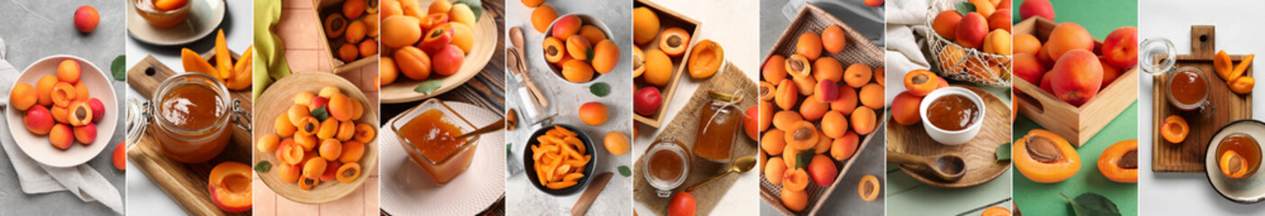 Collage of sweet apricots and tasty jam