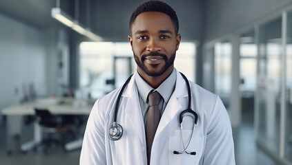 handsome black male doctor with stethoscope and white jacket	