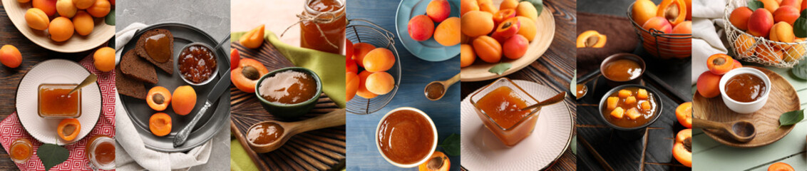 Collage of sweet apricot jam on table - obrazy, fototapety, plakaty
