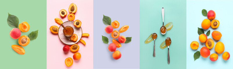 Collage of fresh apricots and sweet jam on color background, top view