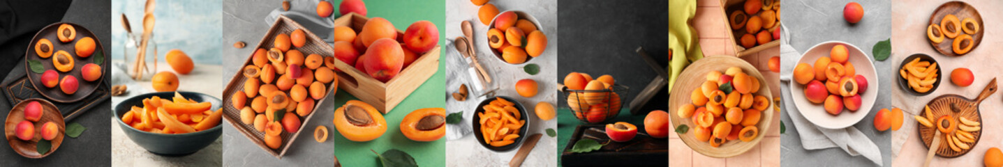 Collage of fresh apricots on color background